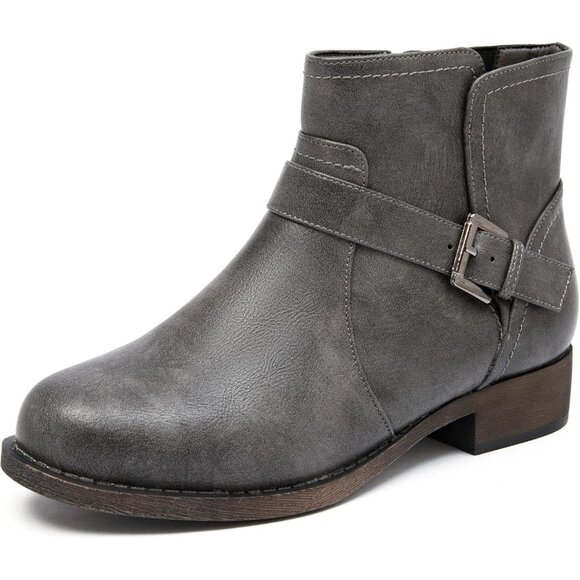 Veittes Women's Grey Comfort Slip On Low Chunky Heel Boot with Buckle Strap - Picture 1 of 6